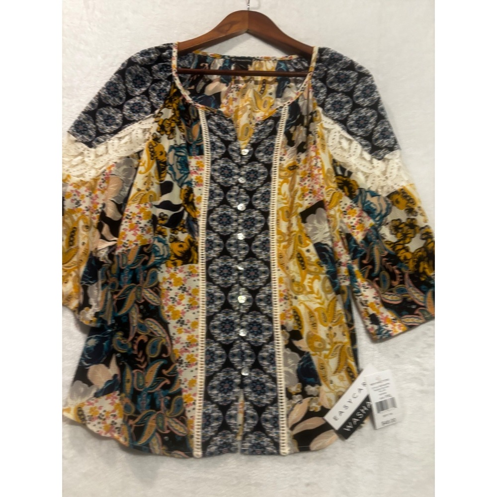 NEW New Directions Blouse Women's PXL Boho Cottagecore Lace Patchwork Peasant